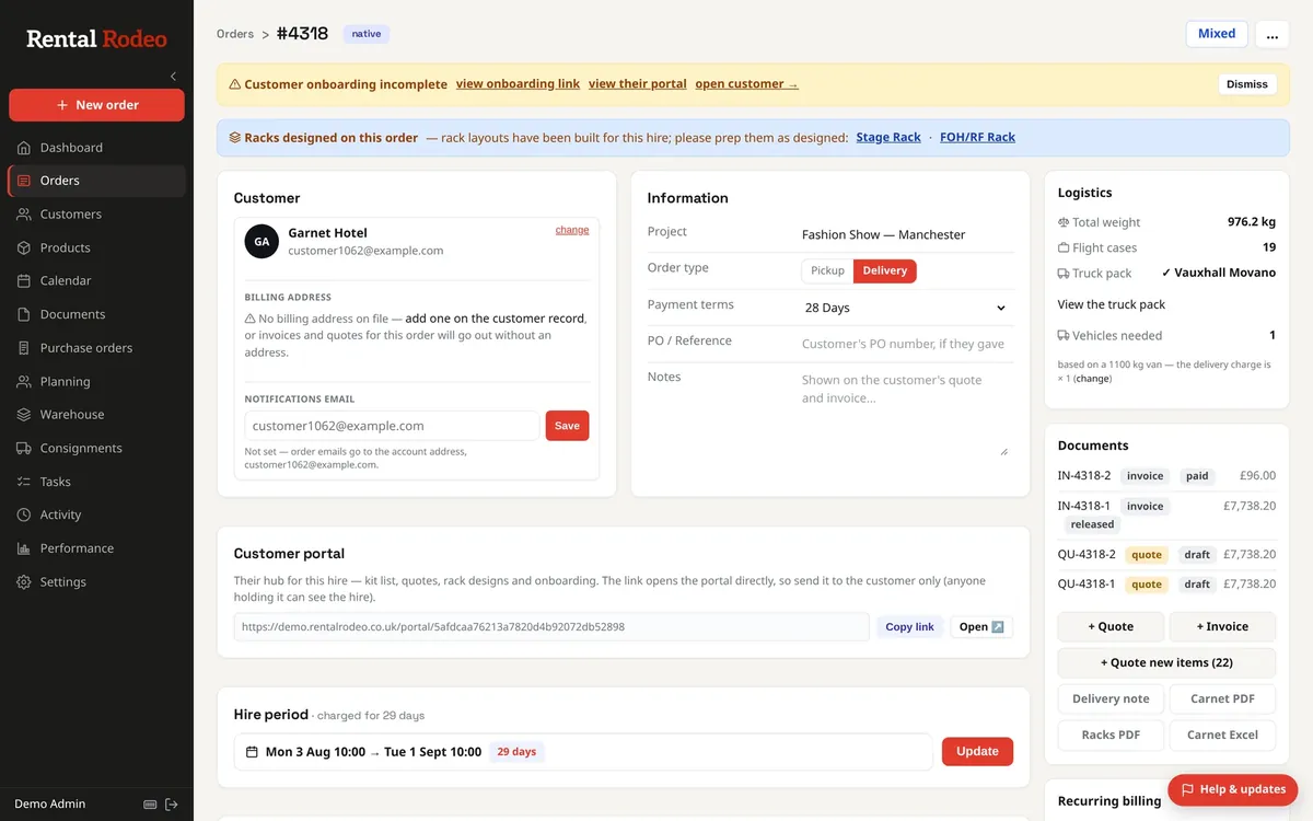 An order: customer details, hire period, documents and the truck pack for delivery